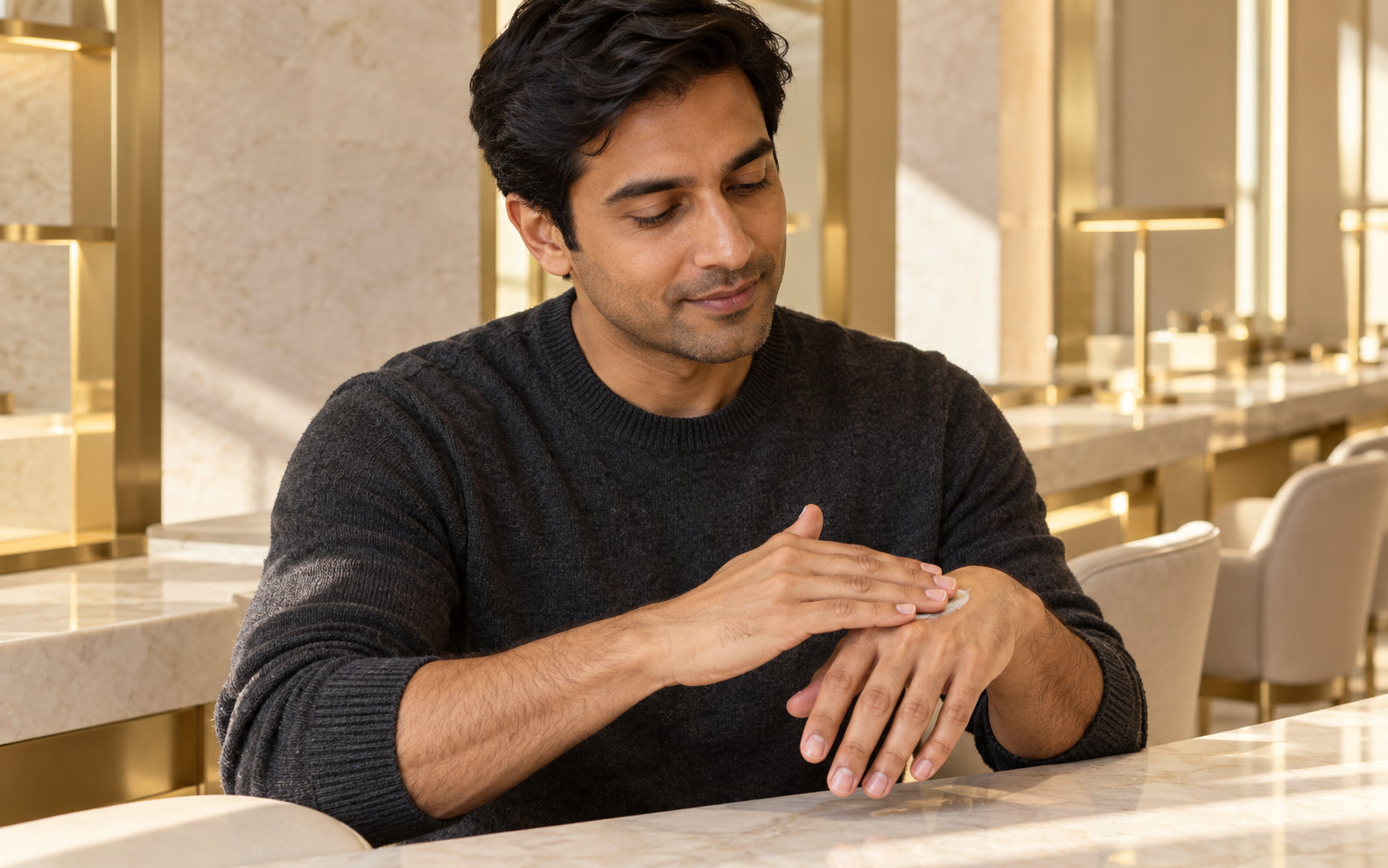 Figure 1.2 — Kunal smooths fragrance-free hand cream over the back of his hand.